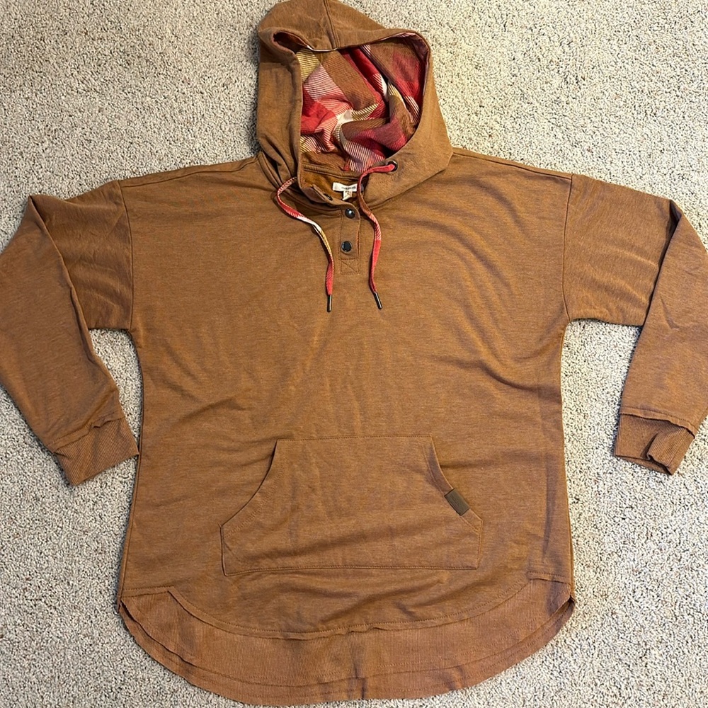Maurices L Brown Hooded Lightweight Hoodie with Front Pocket and Plaid Hood